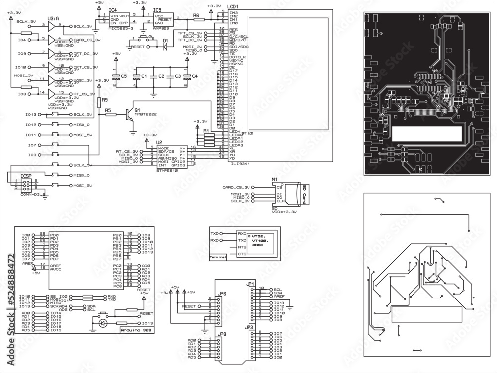 Vector set of design documentation in a1 format for
a data reader from a memory card and
information output to a TFT display. The connection diagram of the TFT display to the Arduino.
