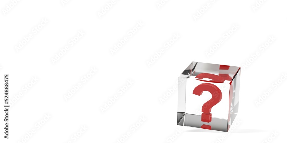 White glass cube with red question mark over white background, idea, solution or question or communication business concept background White glass cube with red question mark over white background, idea, solution or question or communication business concept background