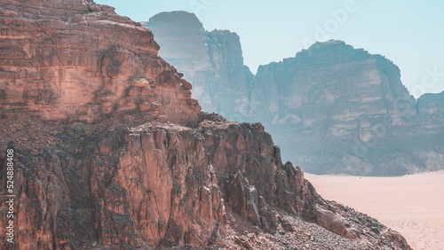 Tourist observes the panorama in the desert Wadi Rum  Jordan