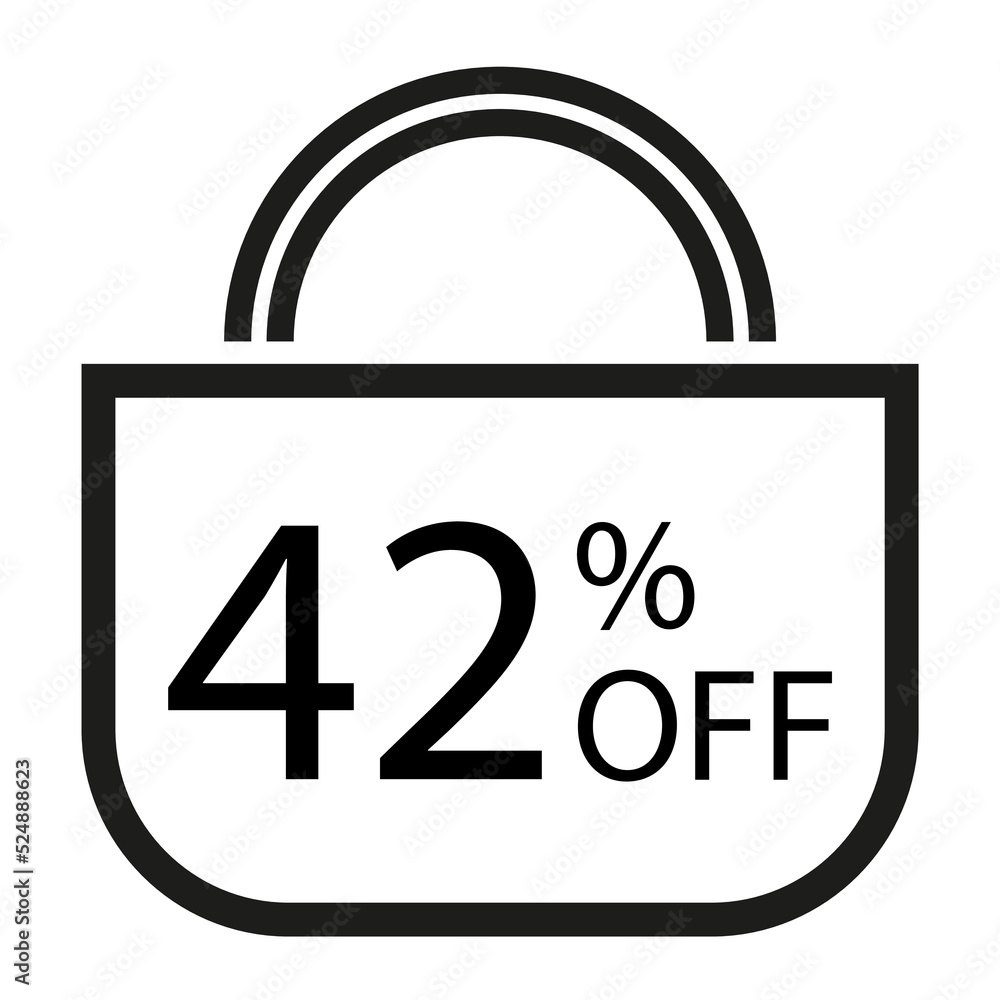 42 percent off. White banner with shopping bag illustration. 42 percent off. White banner with shopping bag illustration.