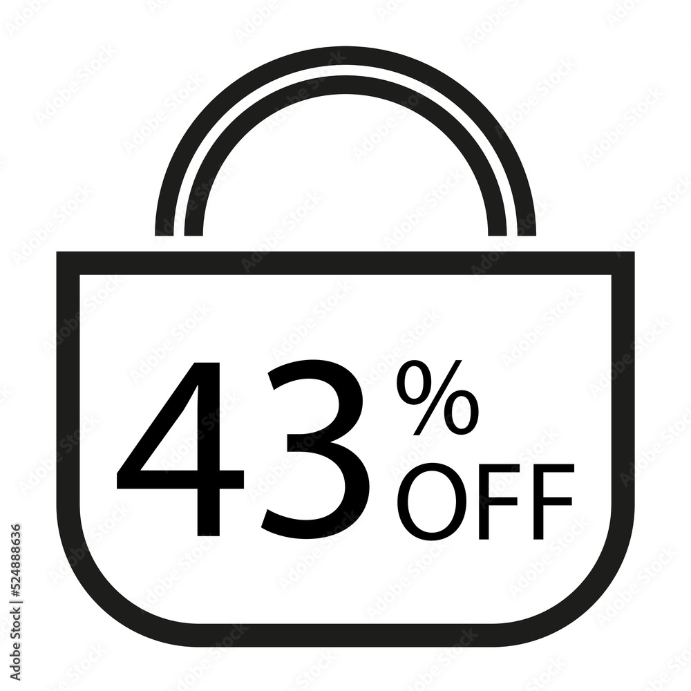 43 percent off. White banner with shopping bag illustration. 43 percent off. White banner with shopping bag illustration.