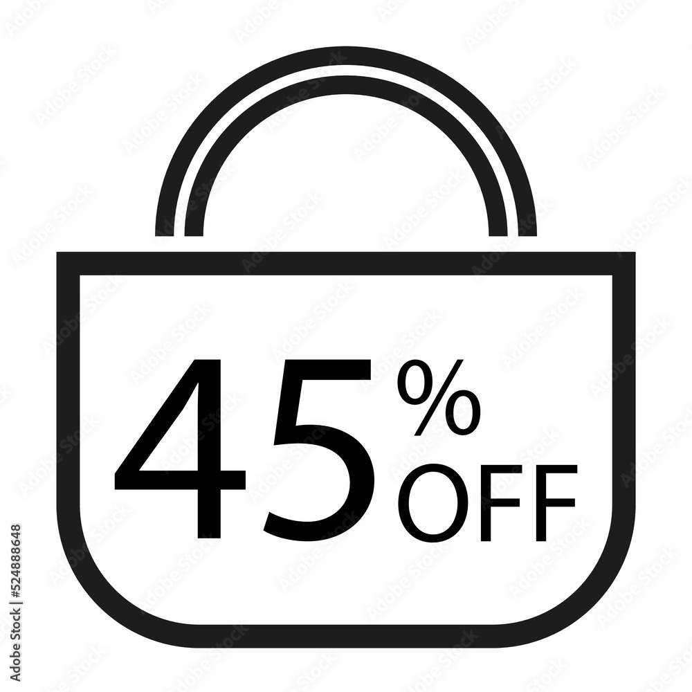 45 percent off. White banner with shopping bag illustration. 45 percent off. White banner with shopping bag illustration.
