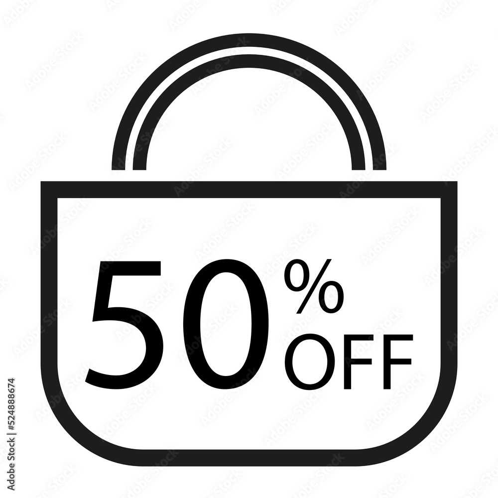 50 percent off. White banner with shopping bag illustration. 50 percent off. White banner with shopping bag illustration.