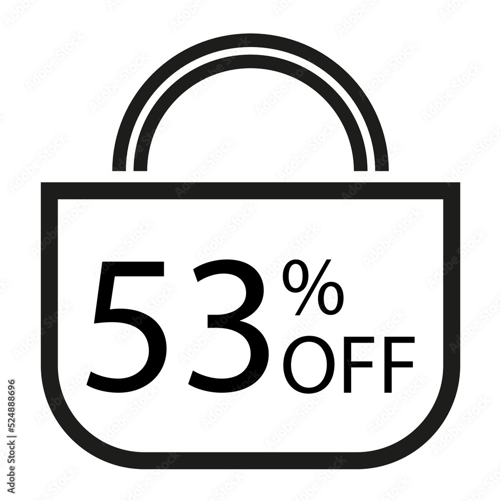 53 percent off. White banner with shopping bag illustration. 53 percent off. White banner with shopping bag illustration.