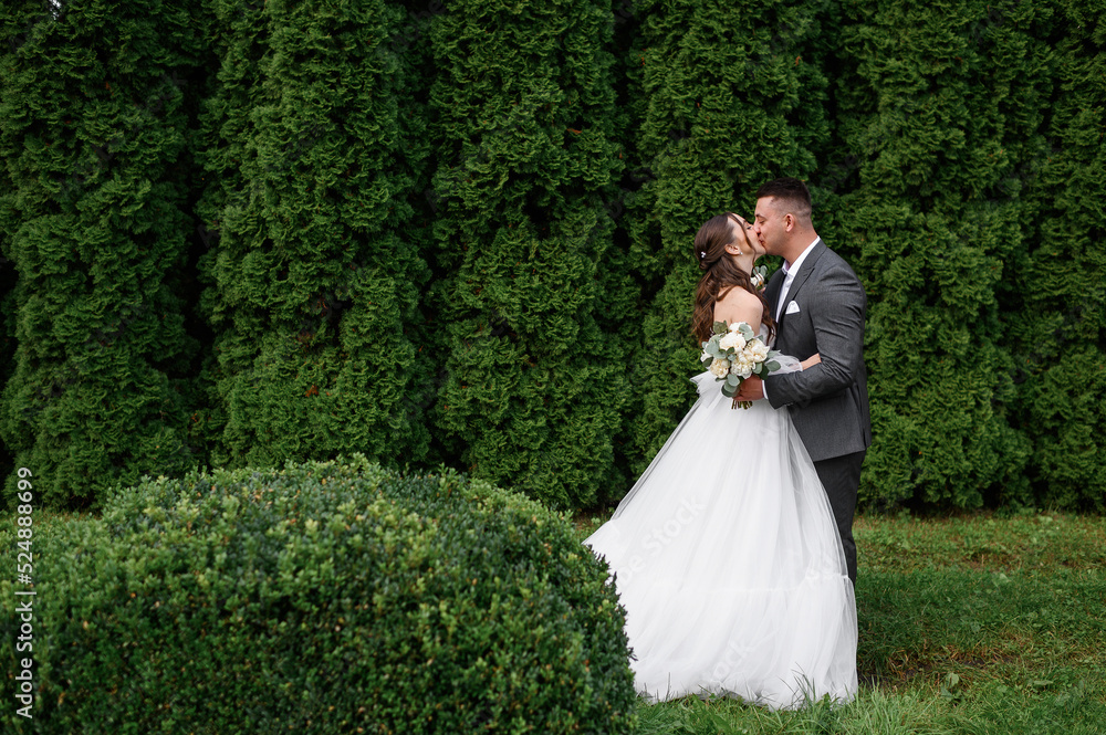 Portrait of loving brides kissing in the garden, beautiful bride in puffy wedding dress and curly hairstyle hugging stylish groom in gray suit. Attractive married couple, family.