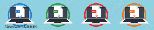 Download document on laptop. Download file in format type : excel, docx, ppt and pdf. Set of downloading data vector illustration. Vector 10 EPS.