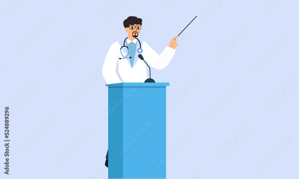 A young male doctor explaining with a pointer. Medical education. vector illustration. A young male doctor explaining with a pointer. Medical education. vector illustration.