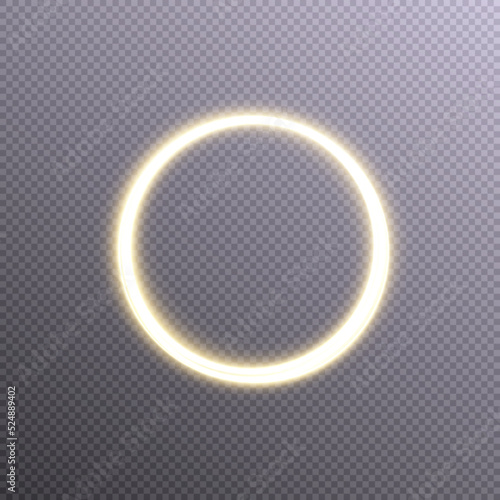 Golden neon glowing ring. Bright glowing neon frame made of bright glowing rays. vector png