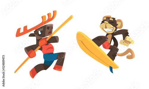 Animals doing sports set. Moose and monkey characters vaulting with pole and surfing. Fitness and healthy lifestyle vector illustration