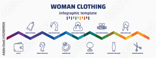 infographic template with icons and 11 options or steps. infographic for woman clothing concept. included creme container black, wallet, hair wig with side, female long black hair, female black