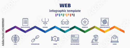 infographic template with icons and 11 options or steps. infographic for web concept. included create list button, news, darkness, interlinked web, circular glasses, engine, favorite up, web page