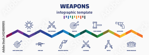 infographic template with icons and 11 options or steps. infographic for weapons concept. included burst, dart board game, two katanas, hine gun, objetive, molotov cocktail, thor hammer, 2 katanas,