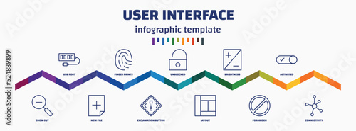 infographic template with icons and 11 options or steps. infographic for user interface concept. included usb port, zoom out, finger prints, new file, unblocked, exclamation button, brightness,