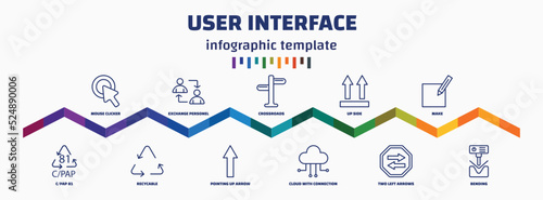 infographic template with icons and 11 options or steps. infographic for user interface concept. included mouse clicker, c/pap 81, exchange personel, recycable, crossroads, pointing up arrow, up