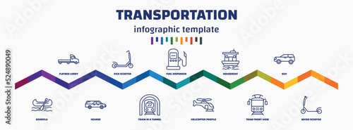 infographic template with icons and 11 options or steps. infographic for transportation concept. included flatbed lorry, gondola, kick scooter, hearse, fuel dispenser, train in a tunnel, houseboat,