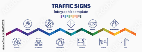 infographic template with icons and 11 options or steps. infographic for traffic signs concept. included no plug, handicap, no entry, police station, side road, narrow road, no video, gas station,