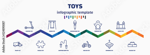 infographic template with icons and 11 options or steps. infographic for toys concept. included scooter toy, truck toy, swing toy, puzzle microphone skipping rope penguin ride on castle blocks