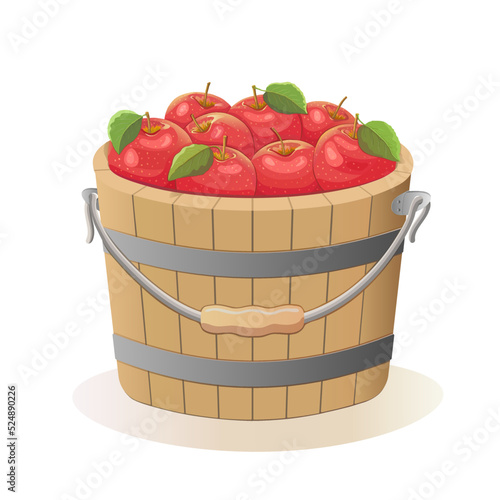 Red ripe apples in a wooden bucket with a handle on a white insulated background. Harvesting, fruits, vitamins, iron and minerals. Proper nutrition, diet. Label and advertising. Vector illustration.