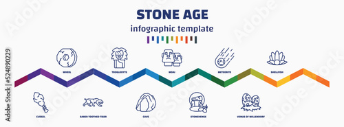 infographic template with icons and 11 options or steps. infographic for stone age concept. included wheel, cudgel, troglodyte, saber toothed tiger, moai, cave, meteorite, stonehenge, shellfish,