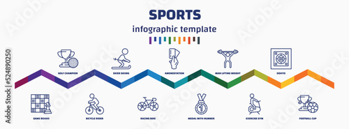 infographic template with icons and 11 options or steps. infographic for sports concept. included golf champion, game board, skier skiing, bicycle rider, amonestation, racing bike, man lifting