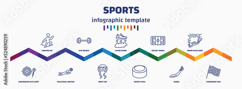 infographic template with icons and 11 options or steps. infographic for sports concept. included jumping ski, dartboard with dart, gym weight, volleyball motion, flying shoes, drift car, hockey