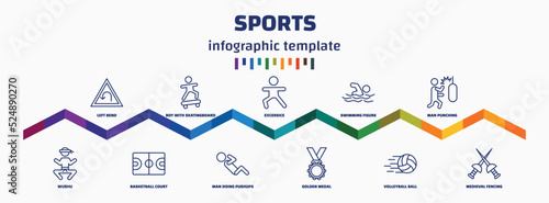 infographic template with icons and 11 options or steps. infographic for sports concept. included left bend, wushu, boy with skatingboard, basketball court, excersice, man doing pushups, swimming photo