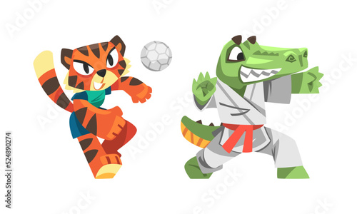 Animals doing sports set. Tiger volleyball player and crocodile karate fighter characters. Fitness and healthy lifestyle vector illustration