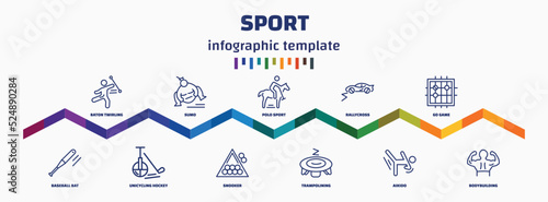infographic template with icons and 11 options or steps. infographic for sport concept. included baton twirling, baseball bat, sumo, unicycling hockey, polo sport, snooker, rallycross, trampolining,