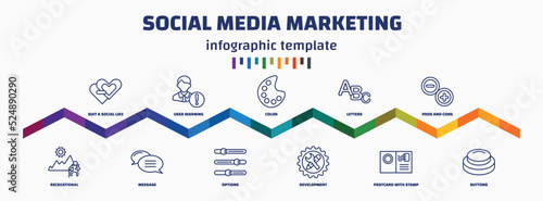 infographic template with icons and 11 options or steps. infographic for social media marketing concept. included quit a social like, recreational, user warning, message, color, options, letters,