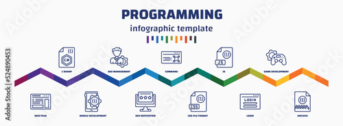 infographic template with icons and 11 options or steps. infographic for programming concept. included c sharp, web page, seo management, mobile development, command, seo reputation, js, css file