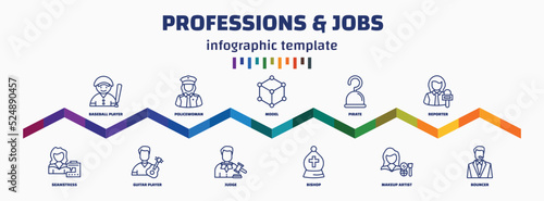 infographic template with icons and 11 options or steps. infographic for professions & jobs concept. included baseball player, seamstress, policewoman, guitar player, model, judge, pirate, bishop,