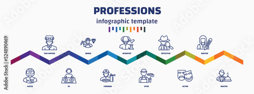 infographic template with icons and 11 options or steps. infographic for professions concept. included taxi driver, racer, miner, dj, scientist, fireman, detective, dyer, writer, waiter icons.