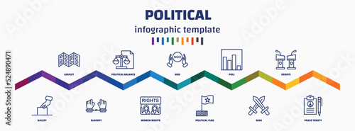 infographic template with icons and 11 options or steps. infographic for political concept. included leaflet, ballot, political balance, slavery, ngo, women rights, poll, political flag, debate,