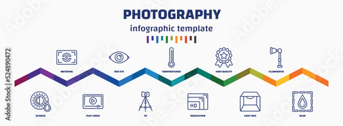 infographic template with icons and 11 options or steps. infographic for photography concept. included metering, shades, red eye, play video, temperatures, tr, high quality, resolution, illuminatio, photo