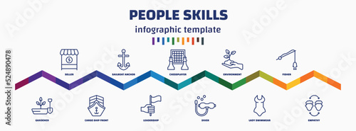 infographic template with icons and 11 options or steps. infographic for people skills concept. included seller, gardener, sailboat anchor, cargo ship front view, chessplayer, leadership,