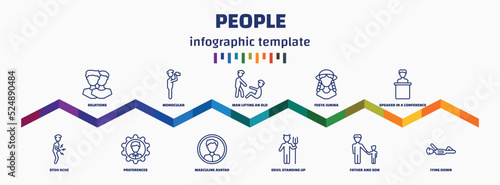 infographic template with icons and 11 options or steps. infographic for people concept. included relations, stoh ache, monocular, preferences, man lifting an old man, masculine avatar, festa