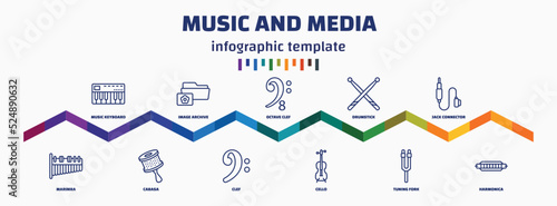 infographic template with icons and 11 options or steps. infographic for music and media concept. included music keyboard, marimba, image archive, cabasa, octave clef, clef, drumstick, cello, jack