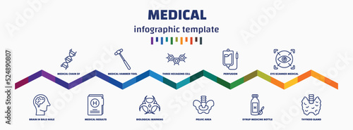 infographic template with icons and 11 options or steps. infographic for medical concept. included medical chain of dna, brain in bald male head, medical hammer tool, results folders, three hexagons