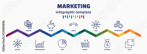 infographic template with icons and 11 options or steps. infographic for marketing concept. included web shop, affiliate, pig bank, marketing graph, banner, ratio, viral, demand, configuration, pop