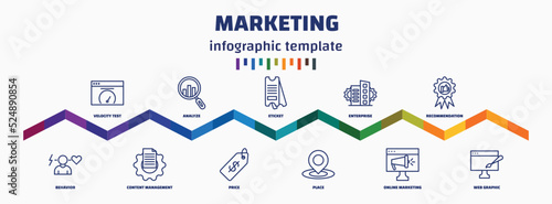 infographic template with icons and 11 options or steps. infographic for marketing concept. included velocity test, behavior, analyze, content management, eticket, price, enterprise, place,