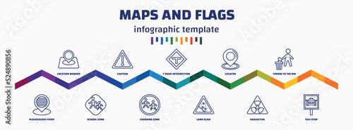 infographic template with icons and 11 options or steps. infographic for maps and flags concept. included location marker, placeholder point, caution, school zone, t road intersection, crossing