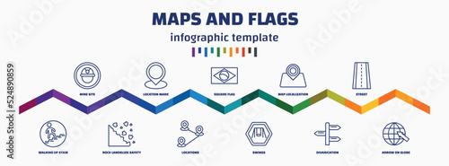 infographic template with icons and 11 options or steps. infographic for maps and flags concept. included mine site, walking up stair, location mark, rock landslide safety, square flag, locations,