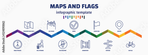 infographic template with icons and 11 options or steps. infographic for maps and flags concept. included treasure map with x, road joining, las vegas, no littering, mark, no toileting, plain flag,