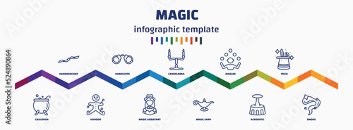 infographic template with icons and 11 options or steps. infographic for magic concept. included handkerchief, cauldron, handcuffs, voodoo, candelabra, magic assistant, juggler, magic lamp, trick,