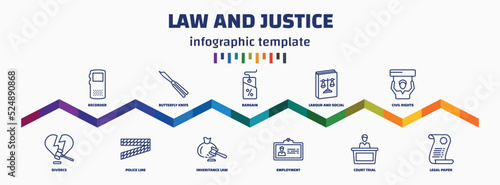infographic template with icons and 11 options or steps. infographic for law and justice concept. included recorder, divorce, butterfly knife, police line, bargain, inheritance law, labour and