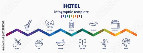 infographic template with icons and 11 options or steps. infographic for hotel concept. included sushi, olives, slippers, rice, luggage, bathtub, sausage, free wifi, take away, shrimp icons.
