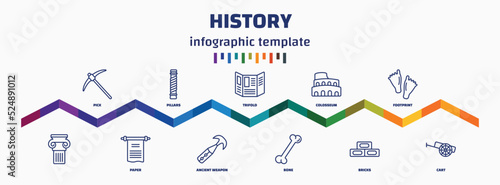 infographic template with icons and 11 options or steps. infographic for history concept. included pick, , pillars, paper, trifold, ancient weapon, colosseum, bone, footprint, cart icons.