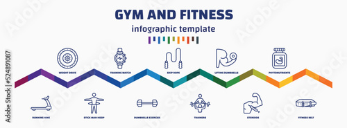 infographic template with icons and 11 options or steps. infographic for gym and fitness concept. included weight drive, running hine, training watch, stick man hoop, skip rope, dumbbells exercise,