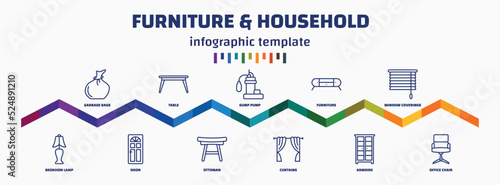 infographic template with icons and 11 options or steps. infographic for furniture & household concept. included garbage bags, bedroom lamp, table, door, sump pump, ottoman, furniture, curtains,