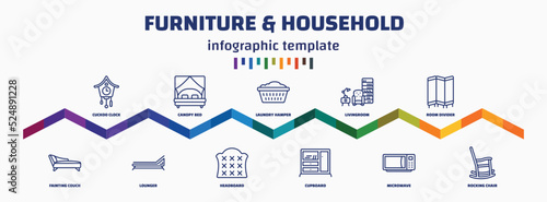 infographic template with icons and 11 options or steps. infographic for furniture & household concept. included cuckoo clock, fainting couch, canopy bed, lounger, laundry hamper, headboard,